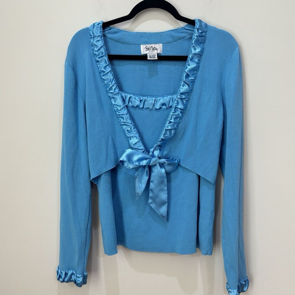 Bob Mackie Women Faux Twinset Cardigan Sweater L Aqua Blue Ribbon 90s